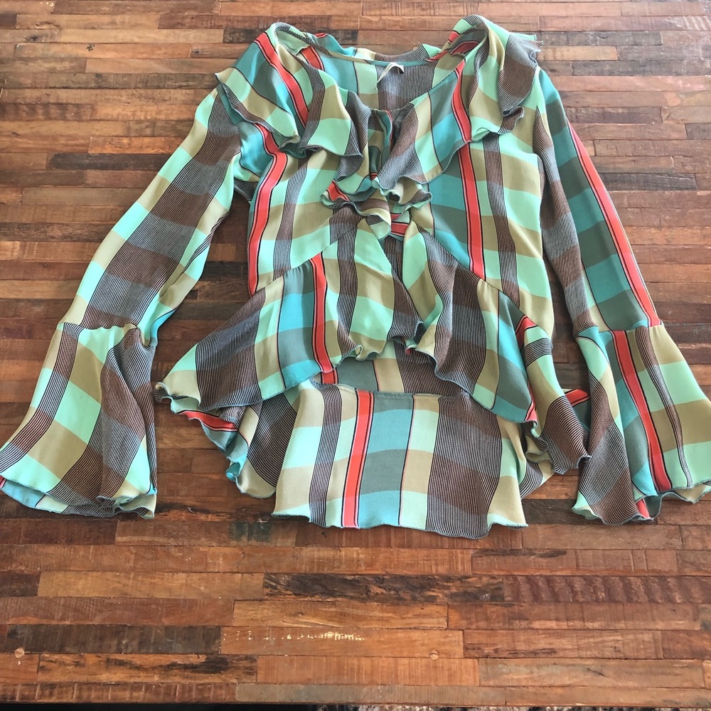 Etro silk plaid ruffle top